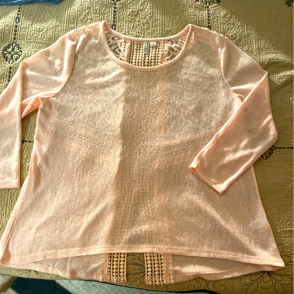 Top layer with needlework on back. Pale pink, delicate look, soft size Large